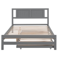 Full Size Platform Bed with Adjustable Trundle, Solid Pine Wood and MDF, 78" L x 97.5" W x 39.5" H, Gray
