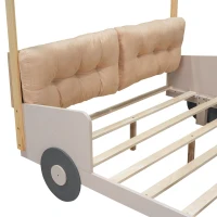 Wood Full Size Car Bed with Pillow, Ceiling Cloth, LED Lights, and Magazine Holder, 79" L x 57.5" W x 62" H, Natural(m-7)