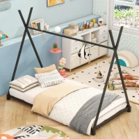 Metal Twin Size House Platform Bed with Triangle Structure, Sturdy Frame, and Safety Railings, 78" L x 41" W x 63" H, Black(m-4)
