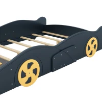 Full Size Race Car-Shaped Platform Bed with Wheels and Storage, Solid Wood and MDF, 90.5" L x 55" W x 15.5" H, Dark Blue(m-7)