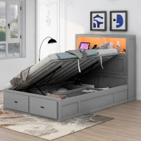 Wood Full Size Hydraulic Platform Bed with Storage LED Headboard, Charging Station, and 2 Drawers, 86" L x 56.5" W x 47" H, Gray(m-5)