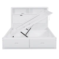 Wood Queen Size Hydraulic Platform Bed with Storage LED Headboard, Charging Station, and 2 Drawers, 90.5" L x 63" W x 47" H, White(m-15)