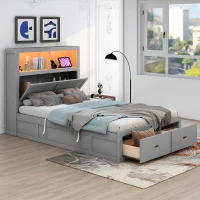 Wood Full Size Hydraulic Platform Bed with Storage LED Headboard, Charging Station, and 2 Drawers, 86" L x 56.5" W x 47" H, Gray(m-1)