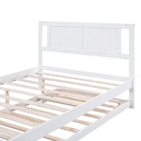 Full Size Platform Bed with Adjustable Trundle, Solid Pine Wood and MDF, 78" L x 97.5" W x 39.5" H, White(m-6)