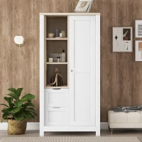 Bedroom Storage Wardrobe with Hanging Rods, 2 Drawers, Open Shelves, and Sliding Door, 31.5" L x 20.5" W x 68" H, White(m-1)