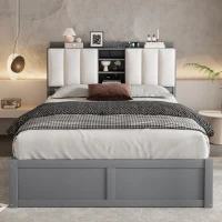 Vinsetto Wood Full Size Platform Bed with Storage Headboard, 4 Drawers, USB Charging Interface, 87" L x 56.5" W x 39.5" H, Gray(m-1)