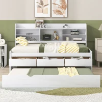 Vinsetto Classic Style Twin Size Wooden Captain Bed with Built-in Bookshelves, 3 Storage Drawers, Trundle, 77.5" L x 88" W x 47" H, White Washed(m-4)