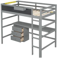 Wood Twin Size Loft Bed with Desk, Blackboard, Storage Box, Shelf, and 3 Drawers, 79" L x 42" W x 69.5" H, Gray(m-11)
