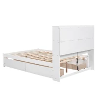 Vinsetto Full Size Platform Bed with Storage Headboard, Charging Station, and 4 Drawers, Solid Wood and MDF, 85" L x 55" W x 48" H, White(m-15)