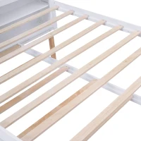 Queen Size Storage Platform Bed with Pull Out Shelves and Twin XL Trundle, Solid Wood and MDF, 111.5" L x 93.5" W x 39.5" H, White(m-7)