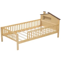 Twin Size Wood Platform Bed with House-Shaped Headboard, LED Light, Built-in Storage, 82" L x 41" W x 36" H, Natural(m-9)