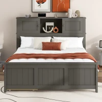 Vinsetto Full Size Platform Bed with Storage Headboard, Sliding Door, 2 Drawers, Solid Wood and MDF, 89" L x 58" W x 42" H, Gray(m-1)