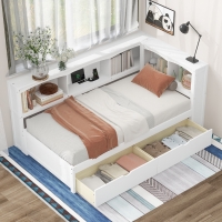Vinsetto Twin Size Daybed with 2 Storage Drawers, Storage Cabinets, USB Ports, Solid Wood and MDF, 86" L x 51" W x 37.5" H, White