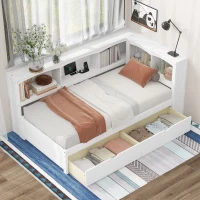 Vinsetto Twin Size Daybed with 2 Storage Drawers, Storage Cabinets, USB Ports, Solid Wood and MDF, 86" L x 51" W x 37.5" H, White(m-1)
