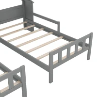 Double Twin Size Platform Bed with House-Shaped Headboard, Built-in Nightstand, Solid Wood Construction, 99.5" L x 78" W x 48" H, Gray(m-8)