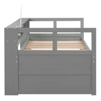 Twin XL Wood Daybed with 2 Trundles, 3 Storage Cubbies, Free Light and USB Charging, 82" L x 129.5" W x 35.5" H, Gray(m-16)