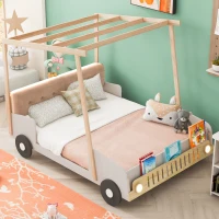 Wood Full Size Car Bed with Pillow, Ceiling Cloth, LED Lights, and Magazine Holder, 79" L x 57.5" W x 62" H, Natural(m-4)