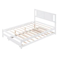 Full Size Platform Bed with Adjustable Trundle, Solid Pine Wood and MDF, 78" L x 97.5" W x 39.5" H, White(m-15)