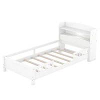 Wood Twin Size Platform Bed with Built-in LED Light, Storage Headboard, Guardrail, and Sturdy Construction, 87" L x 43" W x 31" H, White(m-10)