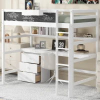 Wood Twin Size Loft Bed with Desk, Blackboard, Storage Box, Shelf, and 3 Drawers, 79" L x 42" W x 69.5" H, White(m-4)