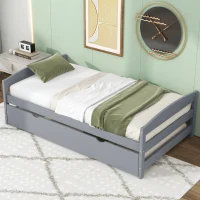 Twin Size Platform Bed with Twin Size Trundle, Headboard and Footboard, Sturdy Pine Wood Construction, 77.5" L x 40.5" W x 22" H, Gray(m-4)