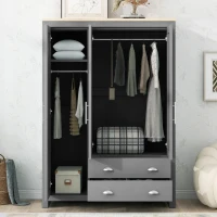 3 Door Storage Wardrobe with Cabinets, 2 Hanging Rods, and Drawers, 47" L x 20" W x 68" H, Gray(m-4)