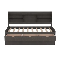 Classic Style Twin Size Wooden Captain Bed with Built-in Bookshelves, 3 Storage Drawers, and Trundle, 77.5" L x 88" W x 47" H, Antique Gray(m-6)