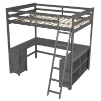 Full Size Loft Bed with U-shaped Desk, Drawers, Storage Shelves, and Sturdy Wood Frame, 77.5" L x 70" W x 75.5" H, Antique Brown(m-13)