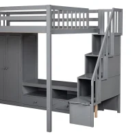 Full Size Loft Bed Frame with Wardrobe, Low Storage Table, Storage Staircase, Solid Wood and MDF, 93.5" L x 56.5" W x 65.5" H, Gray(m-7)