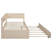 Vinsetto Vintage Style Twin Size Wood Daybed with Trundle and Guardrail, Solid Wood Construction, 77" L x 40.5" W x 31.5" H, Beige(m-13)