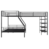 L-Shaped Twin over Full Bunk Bed and Twin Loft Bed with Built-in Shelves, Full-Length Guardrails, and Ladder, 117" L x 77.5" W x 63" H, Black