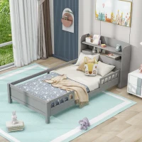 Wood Twin Size Platform Bed with Built-in LED Light, Storage Headboard, Guardrail, and Sturdy Construction, 87" L x 43" W x 31" H, Antique Gray(m-4)