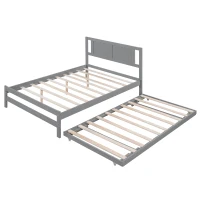 Full Size Platform Bed with Adjustable Trundle, Solid Pine Wood and MDF, 78" L x 97.5" W x 39.5" H, Gray(m-12)