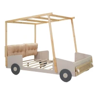 Wood Full Size Car Bed with Pillow, Ceiling Cloth, LED Lights, and Magazine Holder, 79" L x 57.5" W x 62" H, Natural(m-10)
