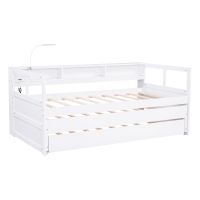 Twin XL Wood Daybed with 2 Trundles, 3 Storage Cubbies, USB Charging Design, and Free Light, 82" L x 129.5" W x 35.5" H, White