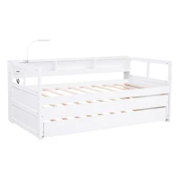 Twin XL Wood Daybed with 2 Trundles, 3 Storage Cubbies, USB Charging Design, and Free Light, 82" L x 129.5" W x 35.5" H, White(m-2)