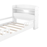 Wood Twin Size Platform Bed with Built-in LED Light, Storage Headboard, Guardrail, and Sturdy Construction, 87" L x 43" W x 31" H, White(m-8)