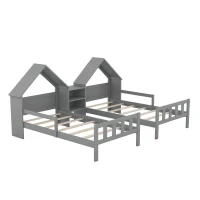 Double Twin Size Platform Bed with House-Shaped Headboard, Built-in Nightstand, Solid Wood Construction, 99.5" L x 78" W x 48" H, Gray(m-2)