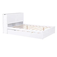 Full Size Storage Platform Bed with Pull Out Shelves, Twin Size Trundle, Solid Wood and MDF, 98" L x 89" W x 39.5" H, White(m-10)