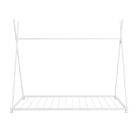 Metal Twin Size House Platform Bed with Triangle Structure, Sturdy Frame, and Safety Railings, 78" L x 41" W x 63" H, White(m-8)