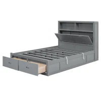Wood Full Size Hydraulic Platform Bed with Storage LED Headboard, Charging Station, and 2 Drawers, 86" L x 56.5" W x 47" H, Gray(m-14)