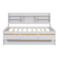 Classic Style Full Size Wooden Captain Bed with Built-in Bookshelves, 3 Storage Drawers, and Trundle, 79" L x 104.5" W x 47" H, White(m-2)