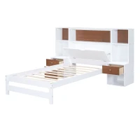 Vinsetto Twin Size Platform Bed with Storage Headboard, Drawers, and Nightstands, Solid Wood and MDF, 87" L x 73.5" W x 45" H, White(m-12)