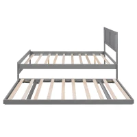 Full Size Platform Bed with Adjustable Trundle, Solid Pine Wood and MDF, 78" L x 97.5" W x 39.5" H, Gray(m-15)