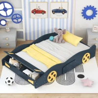 Full Size Race Car-Shaped Platform Bed with Wheels and Storage, Solid Wood and MDF, 90.5" L x 55" W x 15.5" H, Dark Blue(m-4)