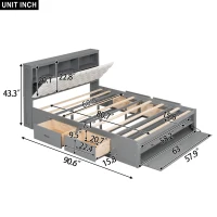 Wood Queen Size Platform Bed with Storage Headboard, Shoe Rack, and 4 Drawers, 90.5" L x 63" W x 43" H, Gray(m-3)