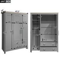3 Door Storage Wardrobe with Cabinets, 2 Hanging Rods, and Drawers, 47" L x 20" W x 68" H, Gray(m-3)
