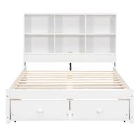 Full Size Platform Bed with Storage Headboard, Charging Station, and 2 Drawers, Solid Wood and MDF, 85" L x 55" W x 48" H, White(m-10)