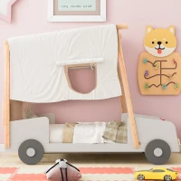 Wood Twin Size Car Bed with Pillow, Ceiling Cloth, LED Lights, and Magazine Holder, 79" L x 42.5" W x 62" H, Natural(m-5)