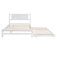 Full Size Platform Bed with Adjustable Trundle, Solid Pine Wood and MDF, 78" L x 97.5" W x 39.5" H, White(m-9)